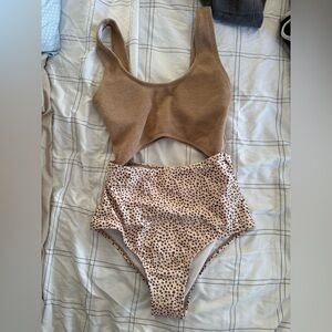 Brown Ribbed Tank Top and Polka Dot High-Waisted Bikini Set
